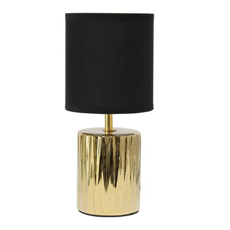 Simple Designs 11.61in Tall Contemporary Ruffled Metallic Gold Capsule Bedside Table Lamp, Black Drum Fabric Shade LT1132-GLD